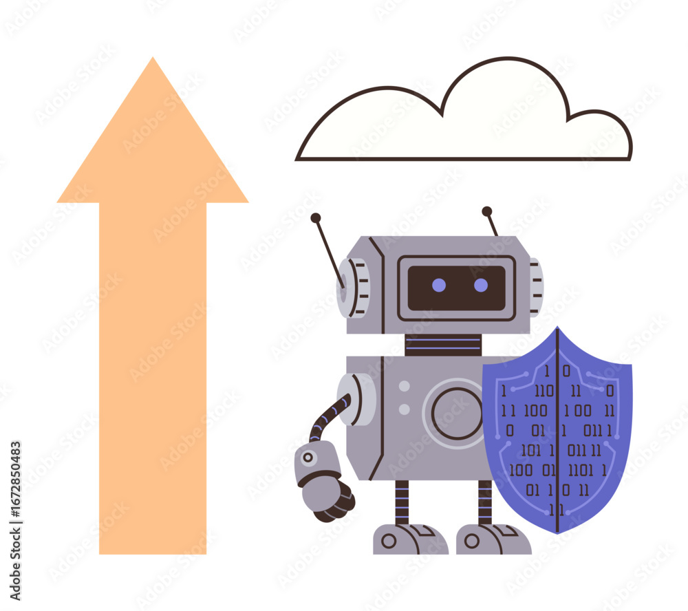 Poster robot holding a shield with binary code near an orange upload arrow and a simple cloud. ideal for cy