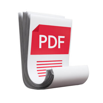 Realistic 3d rendering of a stacked pdf document with a red label isolated on transparent background