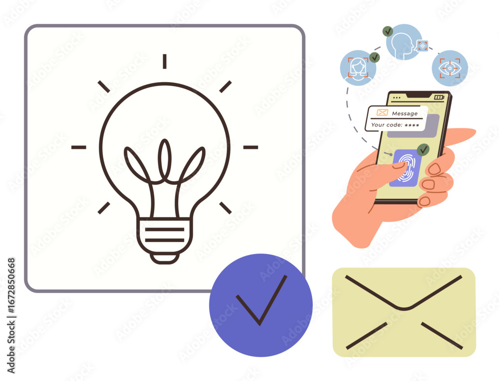 Poster light bulb symbolizing ideas, mobile phone with verification code, envelope, and checkmark. ideal fo