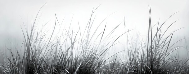 Obraz premium A grayscale view of tall grass in a misty landscape, highlighting the delicate silhouettes and flowing lines of the plants.