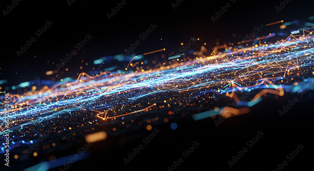 Fototapete digital data stream: a mesmerizing visual representation of data flowing dynamically, with glowing p