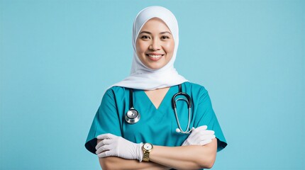 friendly, happy, female muslim nurse with a stethoscope in a clinical setting | muslim, medical, healthcare, professionalism, education theme