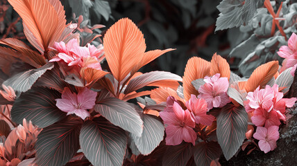 Surreal floral background with pink blossoms and artistic leaves in warm coral and cool gray tones, creating a dreamy and elegant fantasy-inspired botanical design.