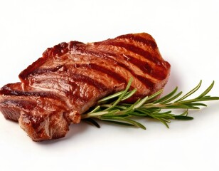 Fototapeta premium Grilled steak with rosemary sprig on white background Close up view of a single cooked steak