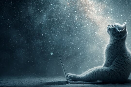 Whimsical kitten enjoys a nighttime laptop session. Nighttime feline. Monitor energy and wellness using smart diagnostic tech. Humanlike cat. Cute kitten typing.