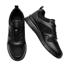 Stylish black leather and mesh sneakers for men, isolated on transparent background