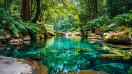 An enchanted and serene forest with lush greenery and a vibrant, clear stream flowing over mossy rocks.