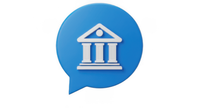 Blue 3D Speech Bubble with a White Bank or Court Building Icon, Representing Legal, Finance, or Government Communication, Isolated on Transparent PNG Background

