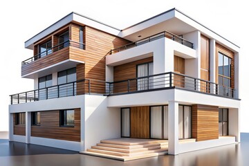Modern luxury residence with brick and wood accents multiple levels and balconies isolated on white background