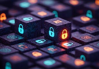 Close up of glowing digital padlock icons on dark circuit board cubes and squares security technology
