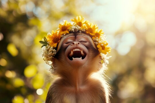 Cute adult animal capuchin wearing untamed flower wreath on its head. Morning glow. Summer happiness. Wild creature and floral serenity. Wild creature in peaceful retreat.