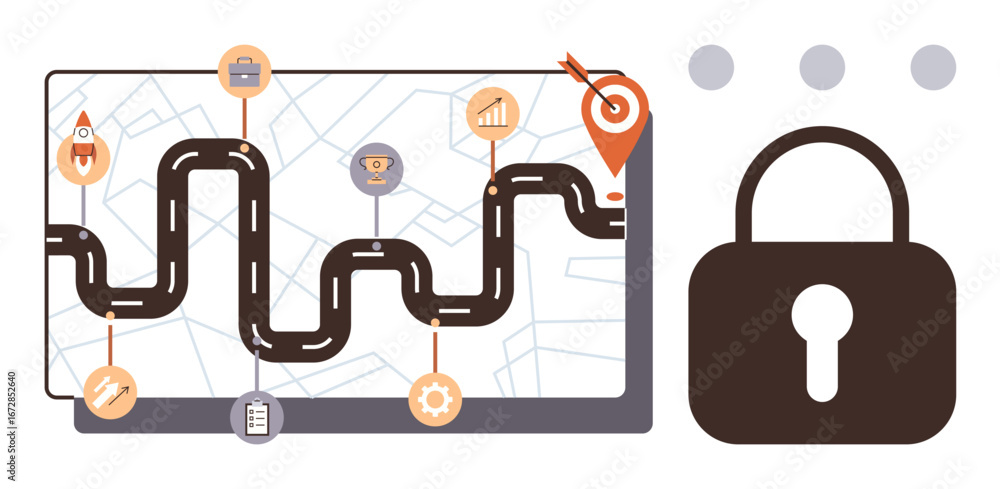 Aufkleber curved path on a map with milestones thumbs up trophy and graph, ending at a target marker, next to 