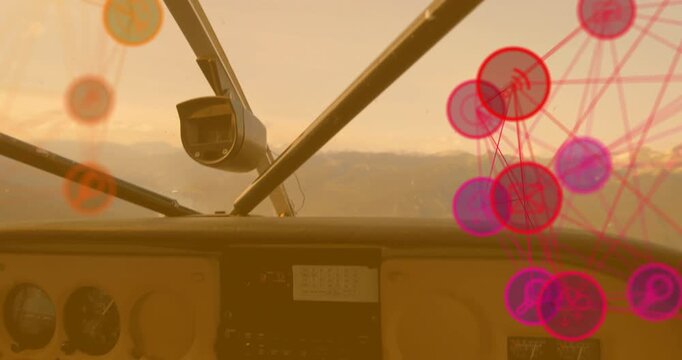 Cockpit flying over lake, AR overlay emerging after one second, nodes pulsing and reconfiguring