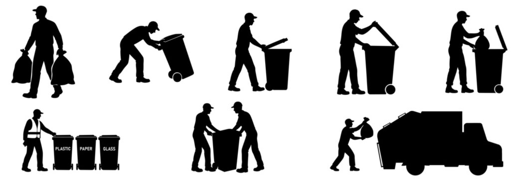 Set of garbage workers silhouettes: man carrying trash bags, pushing bin, person throwing waste into container, employee closing dumpster lid, staff sorting bins, two men lifting bin together, loading