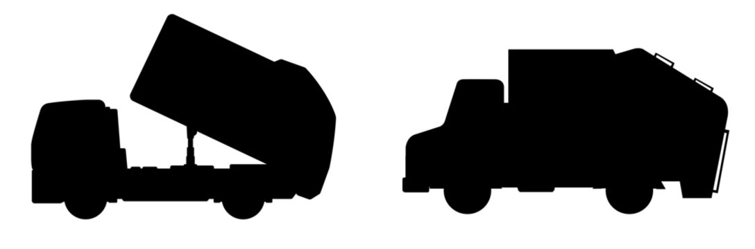 Black silhouette set of two garbage trucks: one with a lifted container for unloading waste, and another closed waste collection truck. Dump Truck with Raised Container