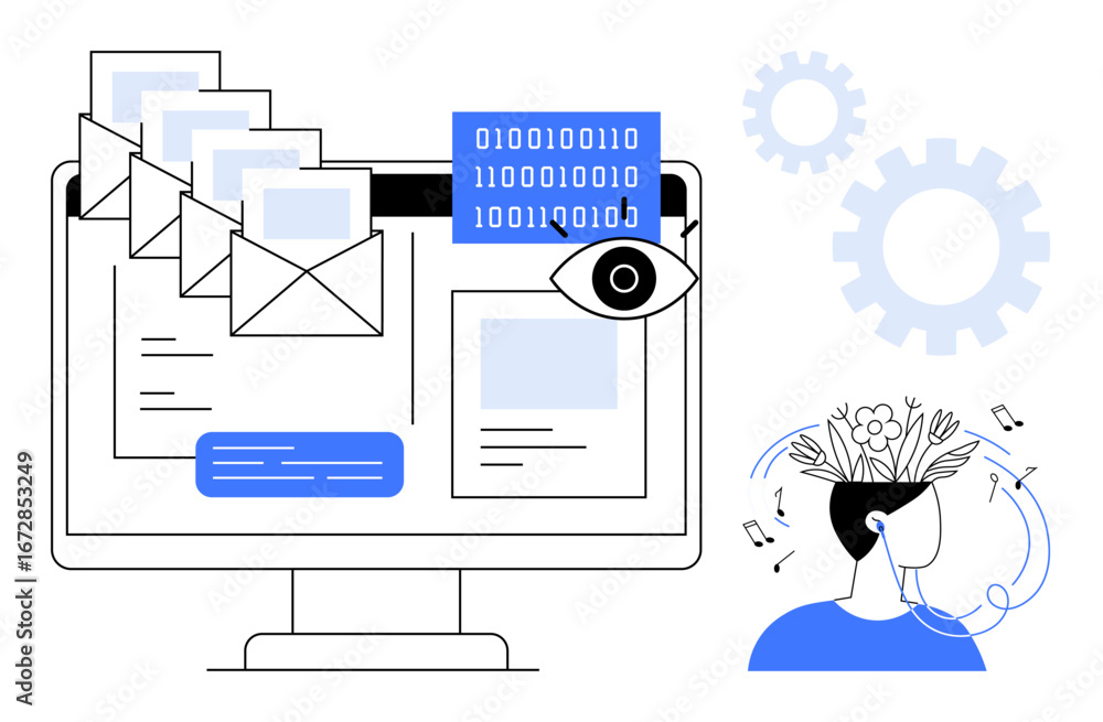 Poster monitor displaying emails and binary data, human figure with blooming ideas and gears. ideal for inn