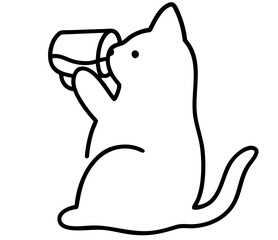 drunk cat holding mug and drinking, funny tipsy pet with relaxed mood