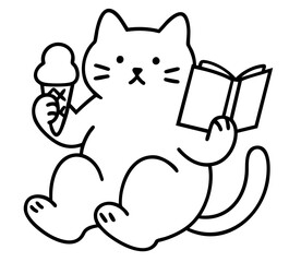 Cute cat sitting with ice cream and book, calm relaxed mood, funny smart pet enjoying leisure