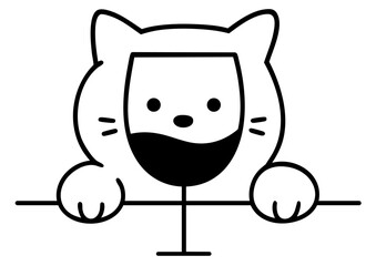 Fototapeta premium Funny drunk cat behind wine glass, tipsy pet with silly face enjoying alcohol drink