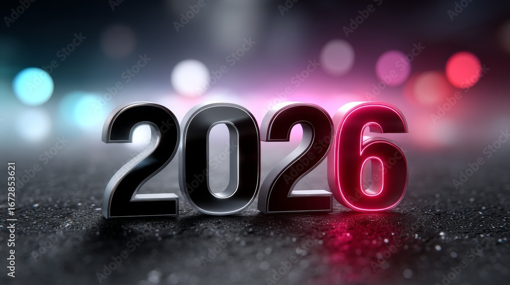 Poster glowing 2026 numerals with neon lights and bokeh background
