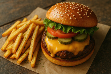 Delicious cheeseburger with fries on a rustic wooden surface.