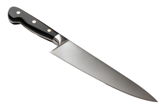 A silver knife with a black handle - Powered by Adobe