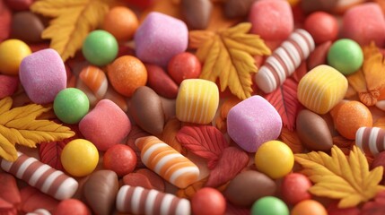 Colorful Assortment of Candy with Vibrant Autumn Leaves Creating a Festive Background