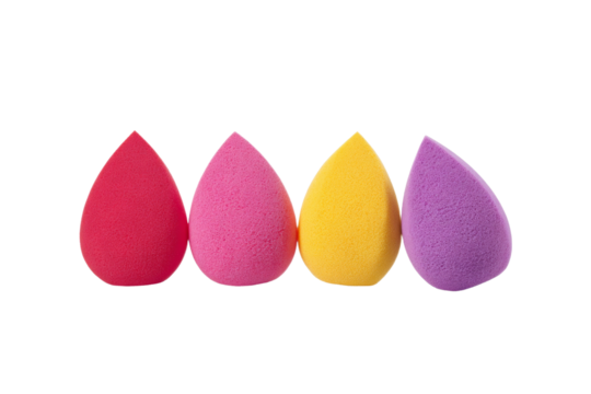 Colorful makeup sponges isolated on transparent background, cosmetic beauty blenders PNG cutout for mockup and design