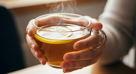 Aromatic citrus infusion: Soothing hands embrace a steaming cup, promising warmth and invigoration against a backdrop of gentle illumination, embodying a tranquil moment of healthful indulgence