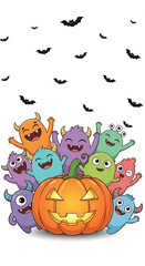 Obraz premium Cute cartoon monsters surround carved pumpkin with happy face, celebrating Halloween with joyful expressions, while bats fly above on white background