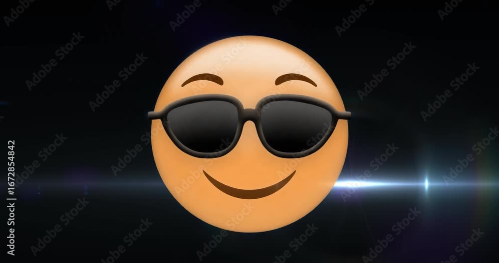 Poster fading in sunglasses smiley emoji while light flares sweeping and pulsing for dynamic backdrop