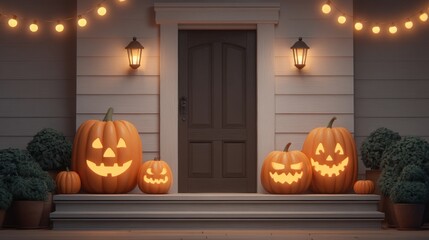 Obraz premium Festive Halloween Decorations with Glowing Pumpkins and Warm String Lights at Front Door