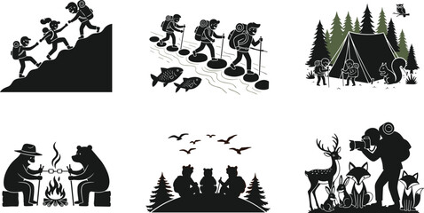 Camping and hiking silhouettes, outdoor adventure, nature exploration, forest wildlife, backpackers trekking, campfire scene, tent camping, animal watching, wilderness activities, family camping trip