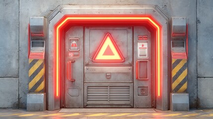 sci-fi metallic door with glowing red warning lights and hazard signs, futuristic industrial design