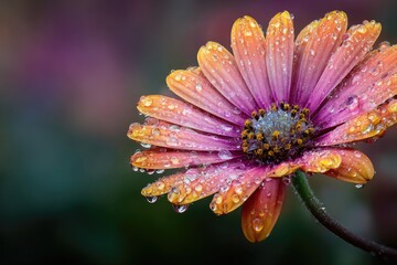 Close-up of a vibrant flower, drenched in dew
