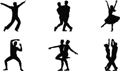 Dancer silhouettes illustration, couple dancing, solo performance, ballet poses, partner choreography, modern dance moves, stage expression, performing arts concept