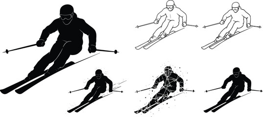 Dynamic skiing silhouette, skier in motion, winter sports action, alpine skiing, extreme sport, ski poles, downhill skiing, snow adventure.