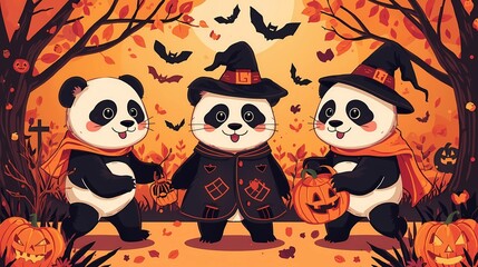 Pandas Trick or Treat - Cute pandas in Halloween costumes trick-or-treating with pumpkins and bats.