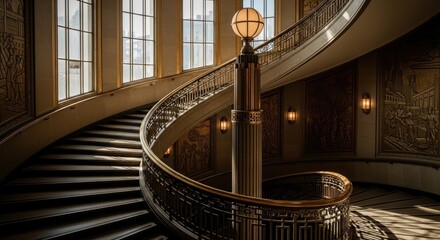 Grand spiral staircase in a sunlit interior