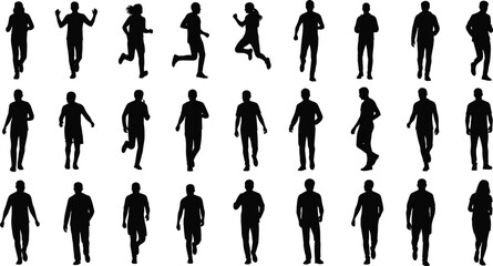 Silhouettes of people walking and running, jogging men and women, fitness activity, urban lifestyle, healthy living, casual walking, street movement, diverse human figures, exercise, outdoor activity