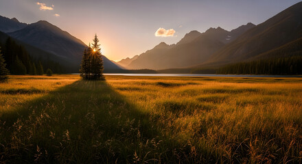Sun-kissed serenade: A tranquil vista where the whispering grasses meet majestic mountains, embracing the ethereal glow of dawn over a serene lake capturing natures golden embrace