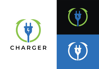 This is a charger logo by combining plugs, lightning and arrows. This logo is suitable for charging stations, electronics companies, energy companies and the likes.