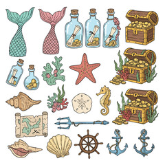 A colorful handdrawn collection of nautical pirate and mermaidthemed illustrations and icons.