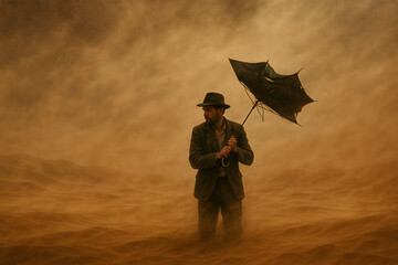 man with umbrella in dusty heavy winds