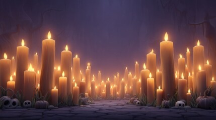 Mysterious Candlelit Pathway Surrounded by Skulls and Pumpkins in Dark Enchanting Forest