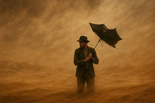 man with umbrella in dusty heavy winds
