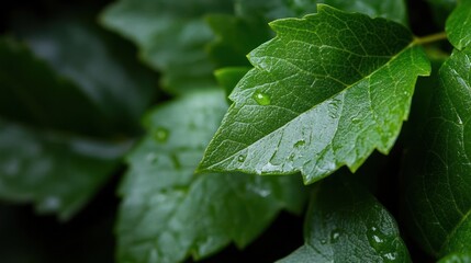 Macro shot of vibrant green foliage adorned with glistening raindrops capturing nature's beauty
