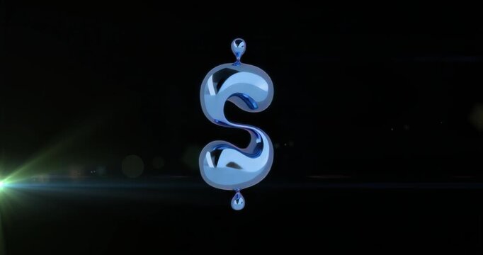 Small droplet starting liquid metal S-shaped form pulsing and reshaping blue sculpture showing flow