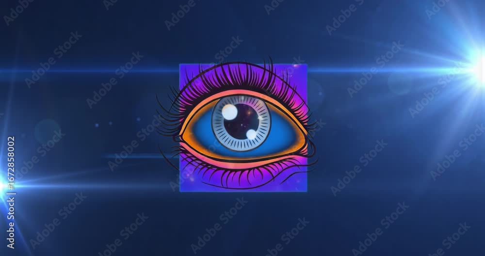 Poster on start stylized eye shifting backdrop colors and iris then sparkles emerging showing cosmic theme