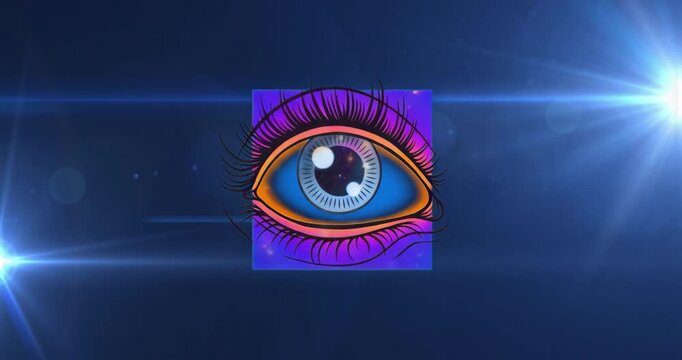 On start stylized eye shifting backdrop colors and iris then sparkles emerging showing cosmic theme